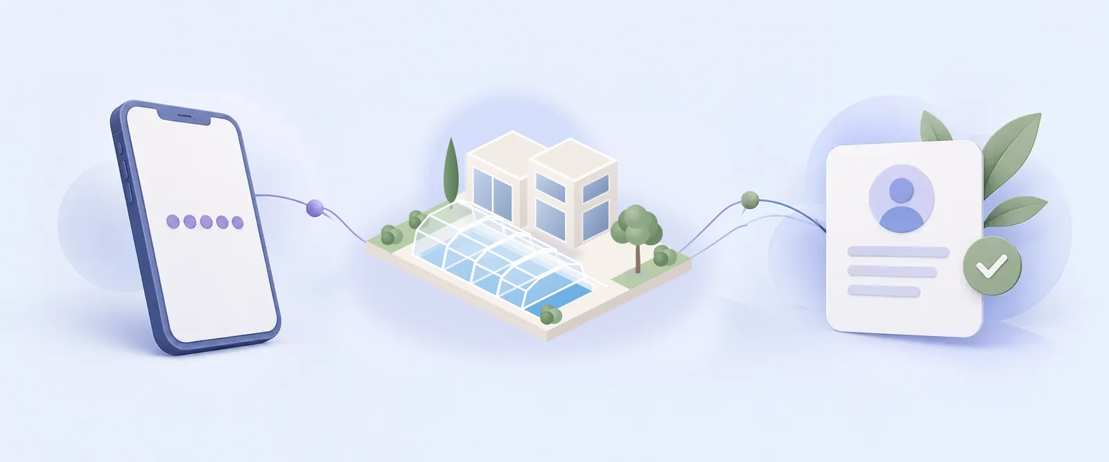 Illustration&nbsp;: un téléphone, une piscine couverte par un abri télescopique et un contact vérifié, reliés par un même parcours.