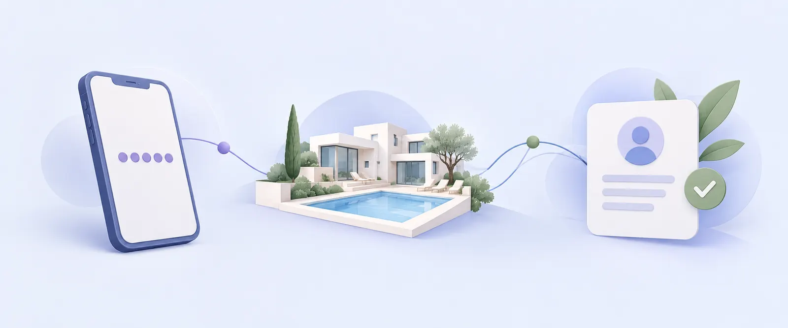 Illustration&nbsp;: un téléphone, un projet de maison avec piscine et un contact vérifié, reliés par un même parcours.
