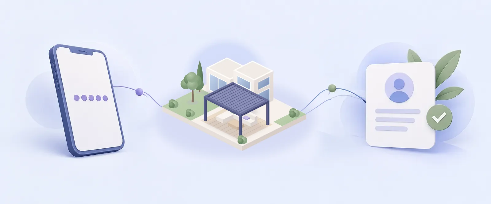 Illustration&nbsp;: un téléphone, une terrasse abritée par une pergola et un contact vérifié, reliés par un même parcours.